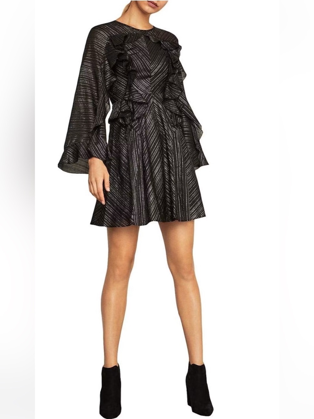 BCBGMaxAzria Black Dress with Metallic Stripes and Ruffle Details XXS